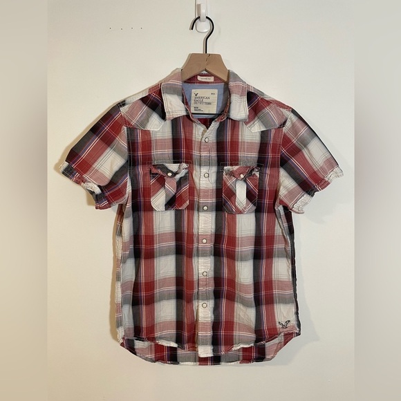 American Eagle Outfitters Other - American Eagle Vintage Fit Short Sleeve Shirt Sz Medium Plaid Western Pearl Snap